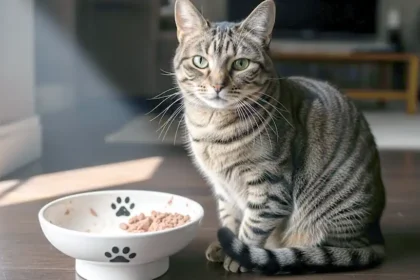 Satisfied Cat with Half Eaten Food in Bowl