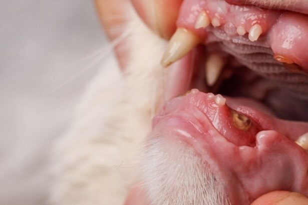 Open mouth of a cat showing two fractured canine teeth.