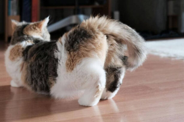 Tortoise-shell cat in characteristic posture of heat/estrus with back end arched