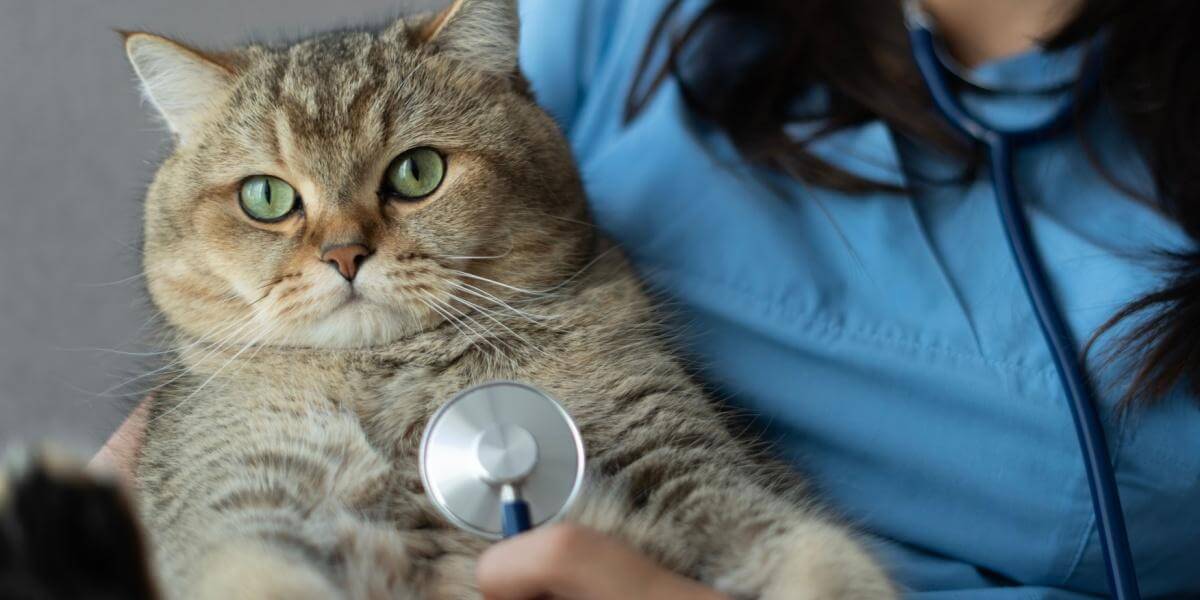cat being held by veterinarian with stethoscope placed on the chest